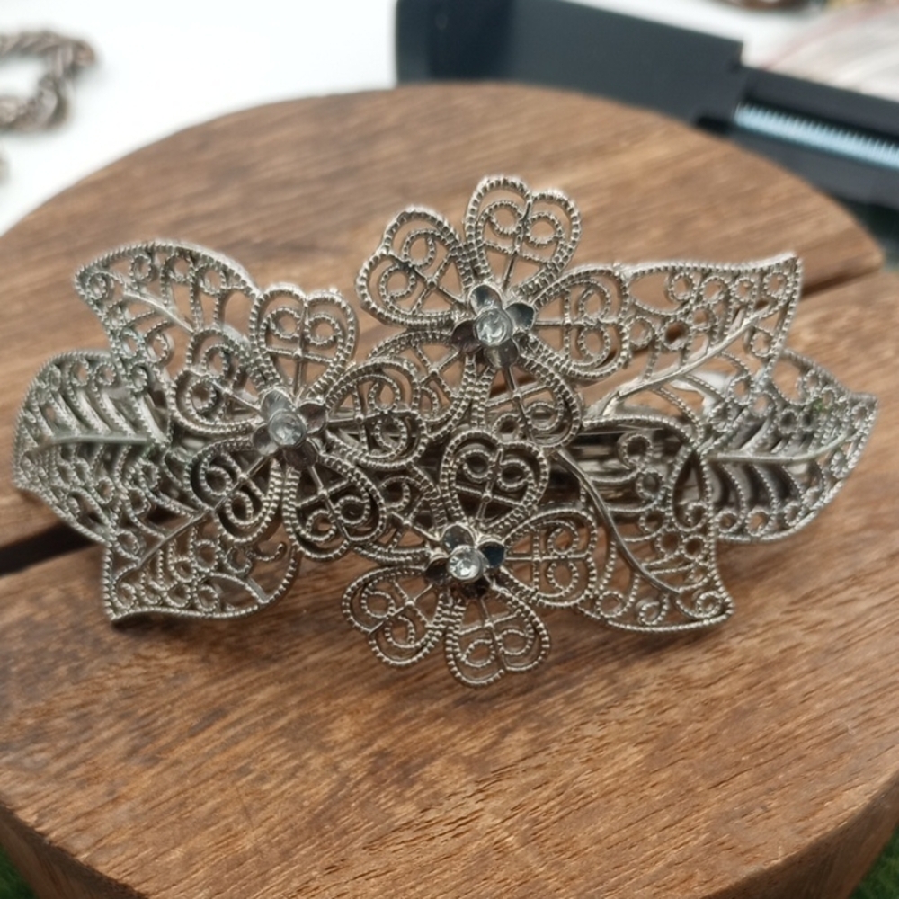 Intricate Silver Tone Victorian Style Floral Hair Clip Etc